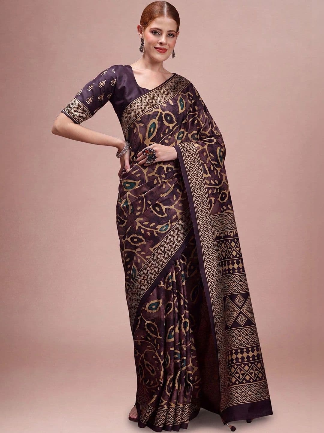 Sangria Ethnic Motifs Silk Blend Designer Block Print Saree - view 1