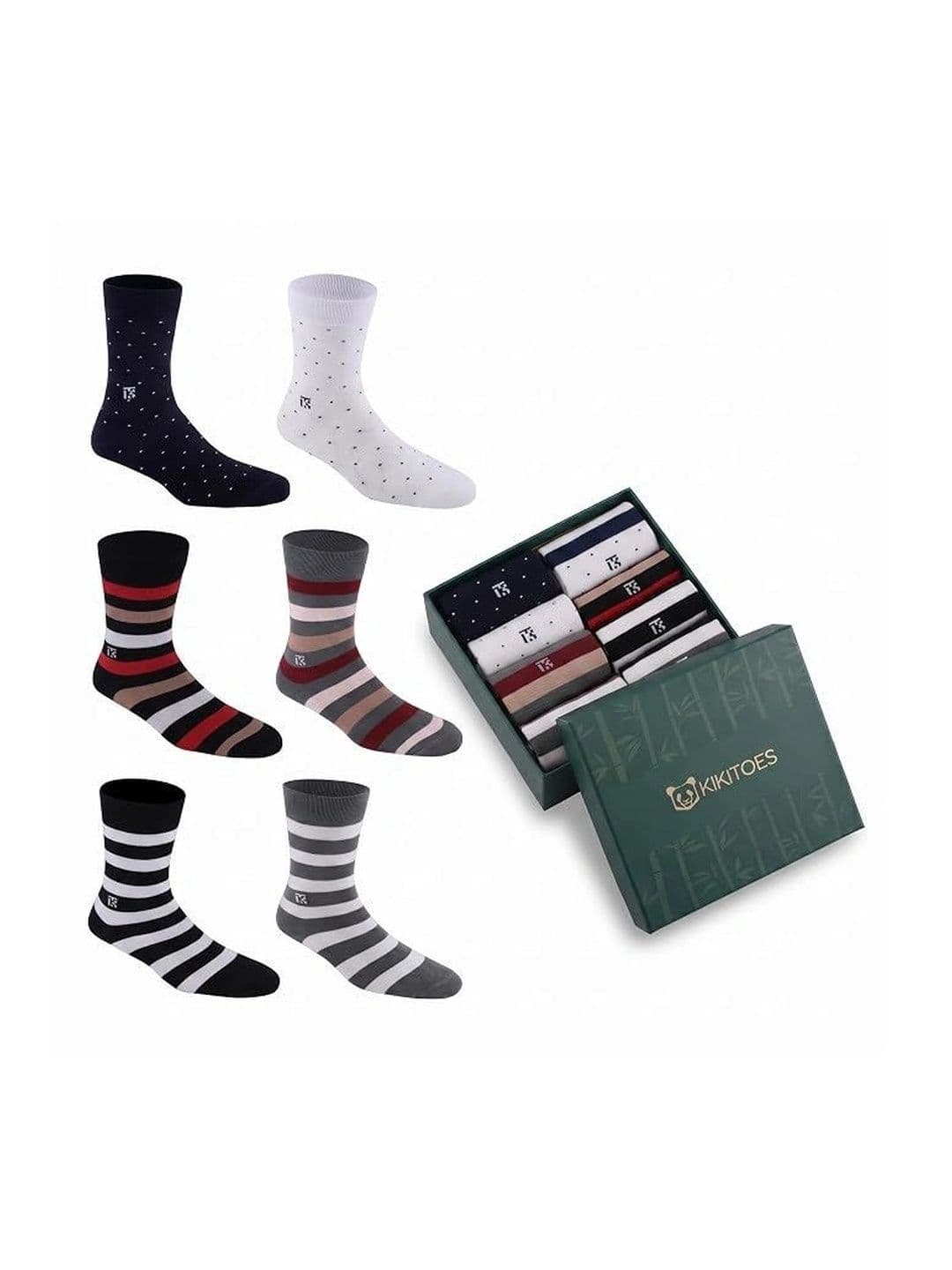 Kikitoes Men Pack of 6 Bamboo Assorted Patterned Crew Socks Gift Box - view 1