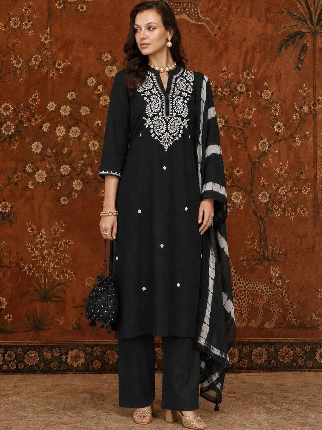 Sangria Women Ethnic Embroidered Regular Thread Work Kurta with Trousers & With Dupatta - view 1