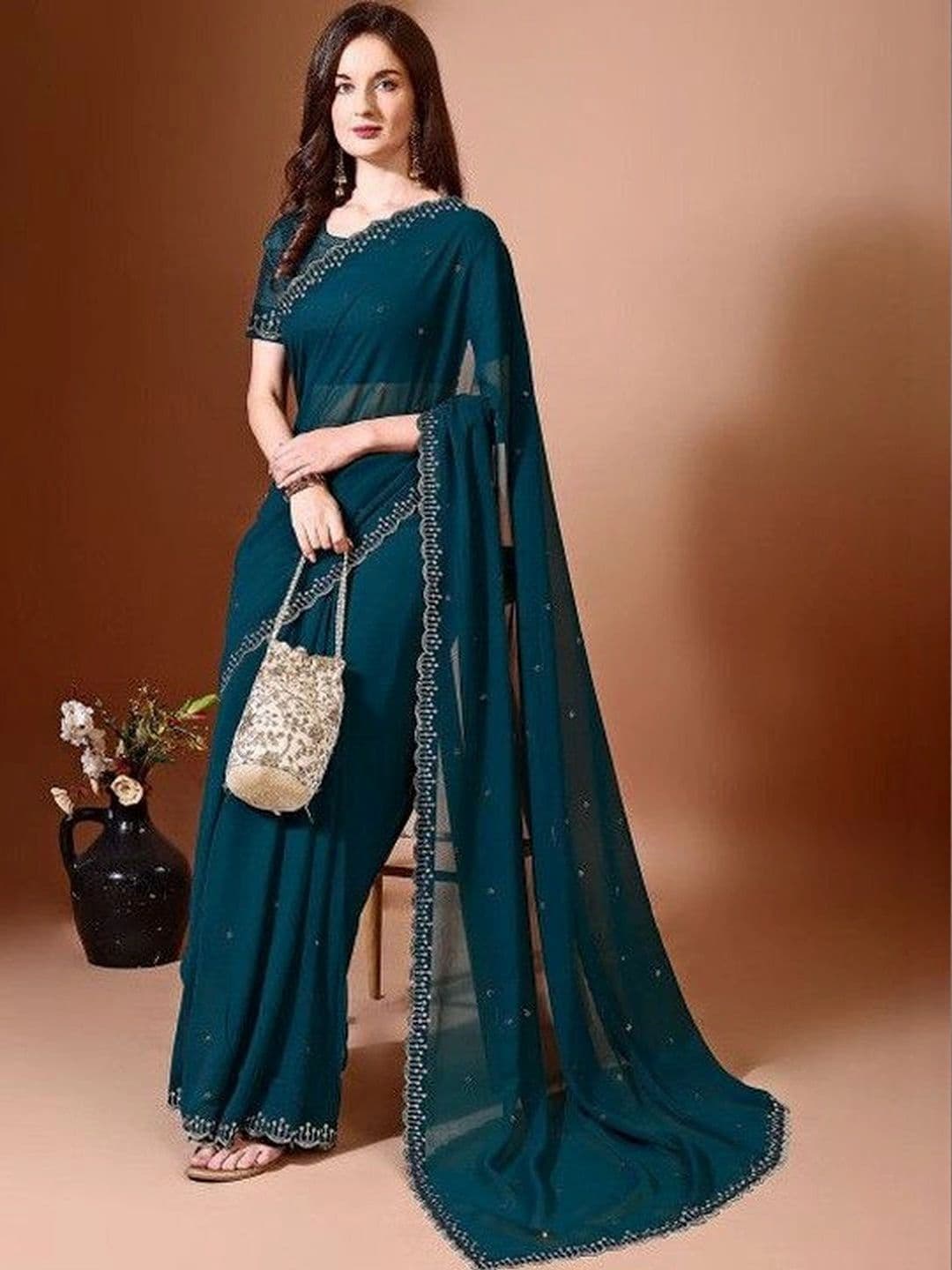 Leelavati Women Embellished Beads and Stones Pure Chiffon Saree - view 1