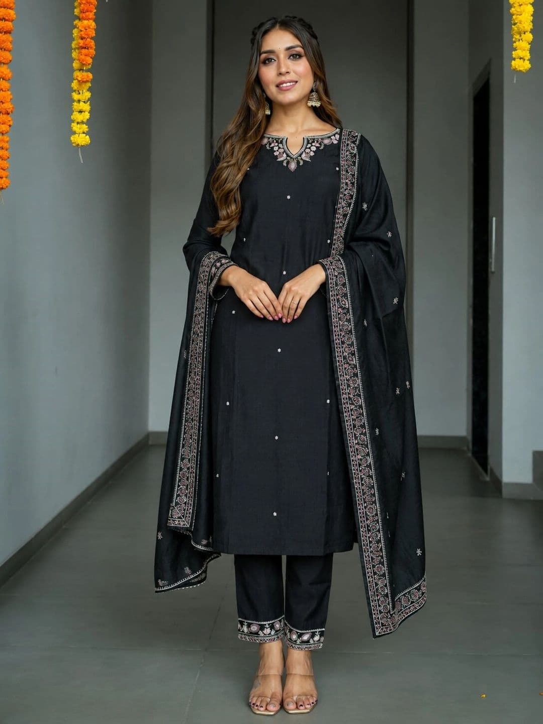 KALINI Women Ethnic Motifs Regular Thread Work Kurta with Trousers & With Dupatta - view 1