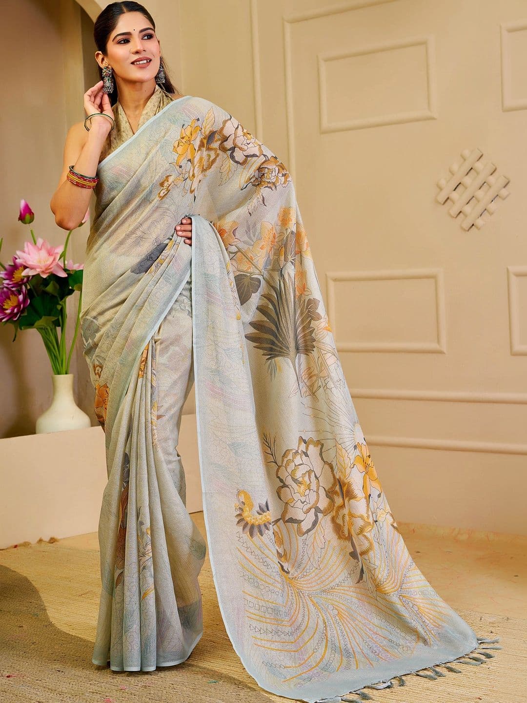 HERE&NOW Floral Silk Cotton Handloom Saree - view 1