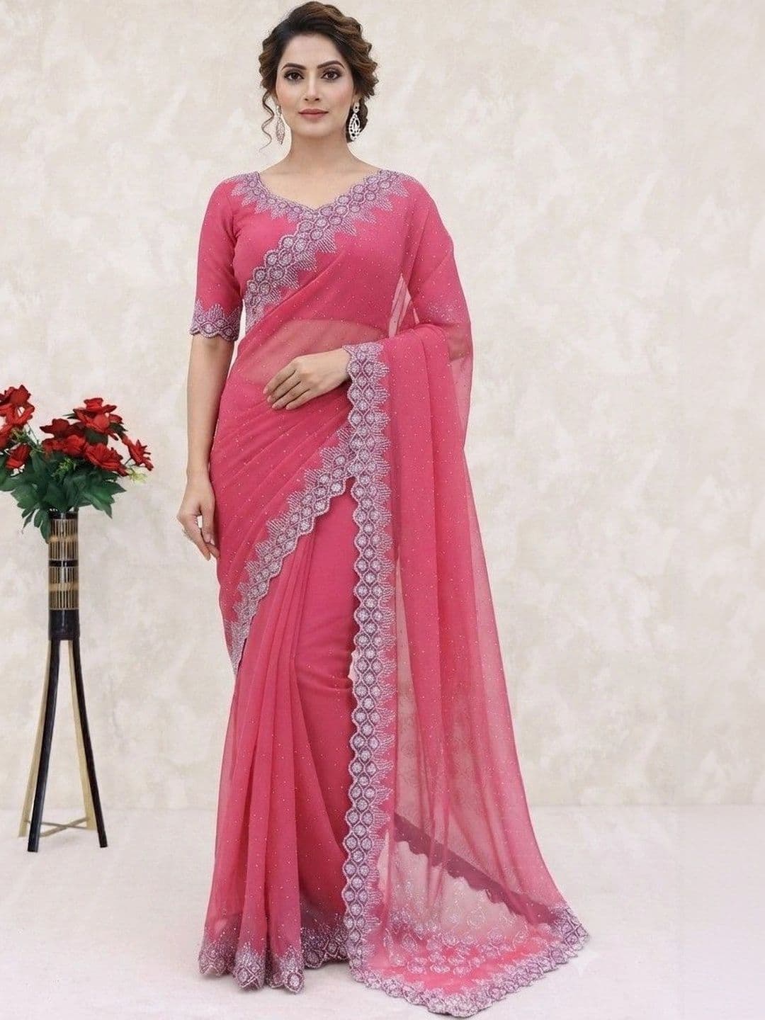 SmileyFashion Embroidered Pure Georgette Saree - view 1