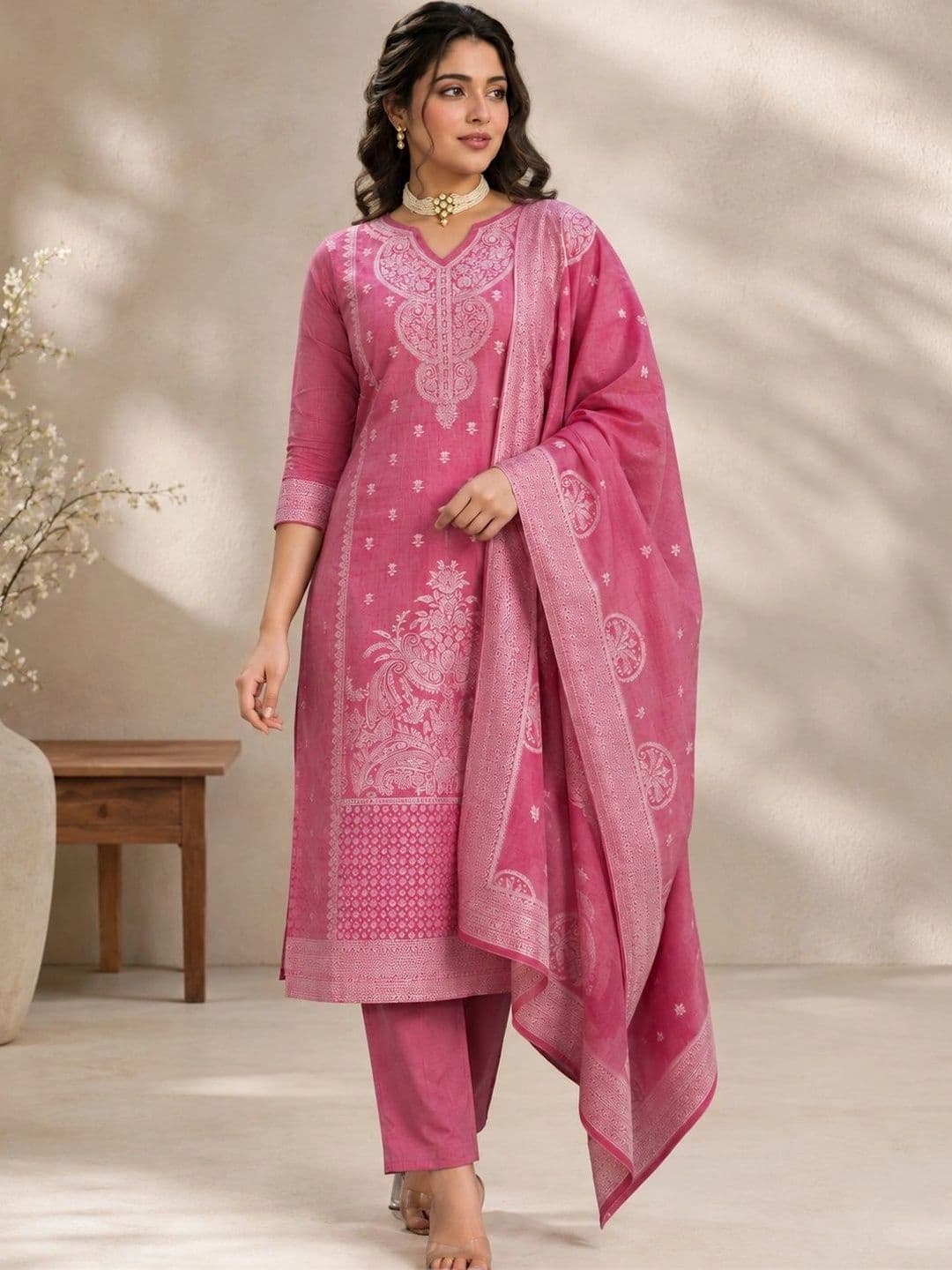 SAIYAMORI Women Ethnic Motifs Regular Pure Cotton Kurta with Trousers & With Dupatta - view 1