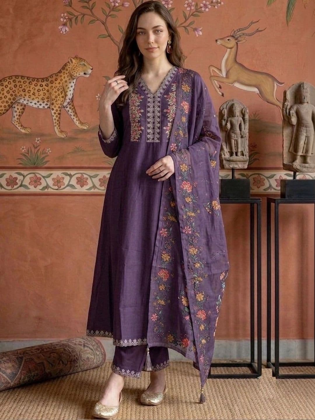 Sangria Women Embroidered Regular Thread Work Pure Silk Kurta with Trousers & With Dupatta - view 1