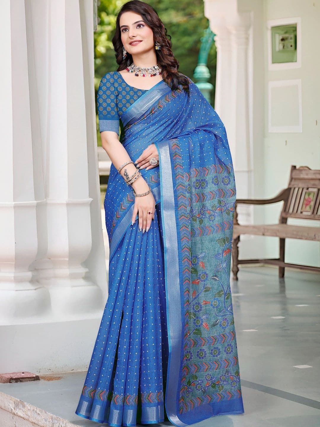 MANVAA Floral Printed Cotton Linen Saree - view 1