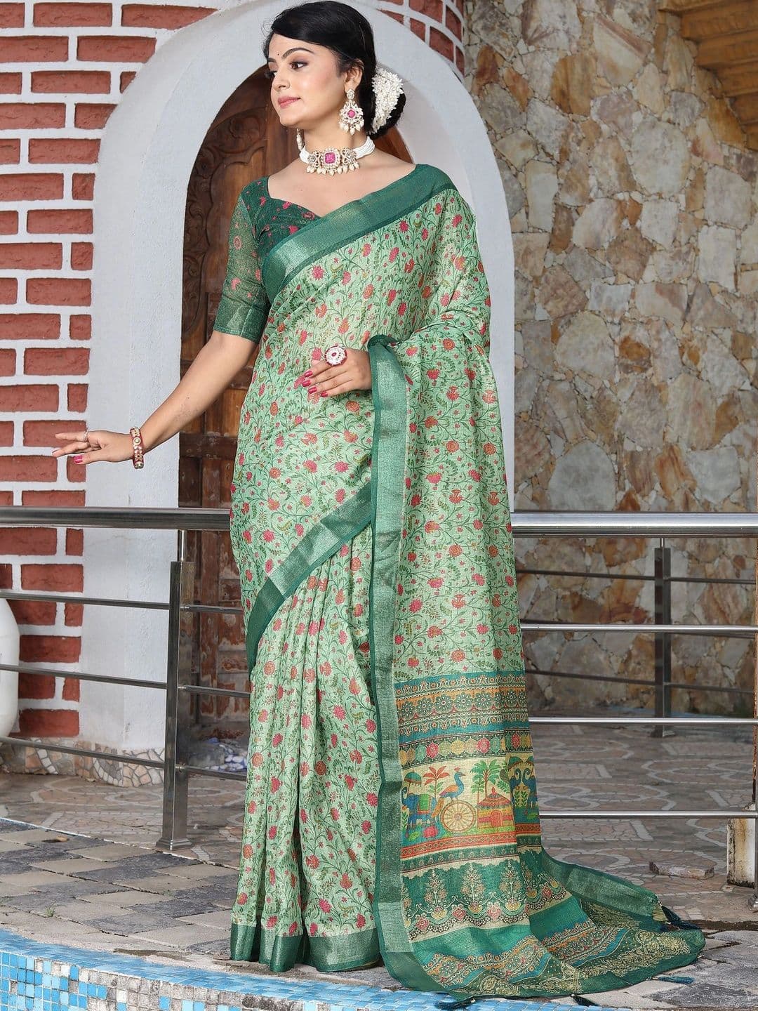 MANVAA Floral Silk Cotton Handloom Saree - view 1