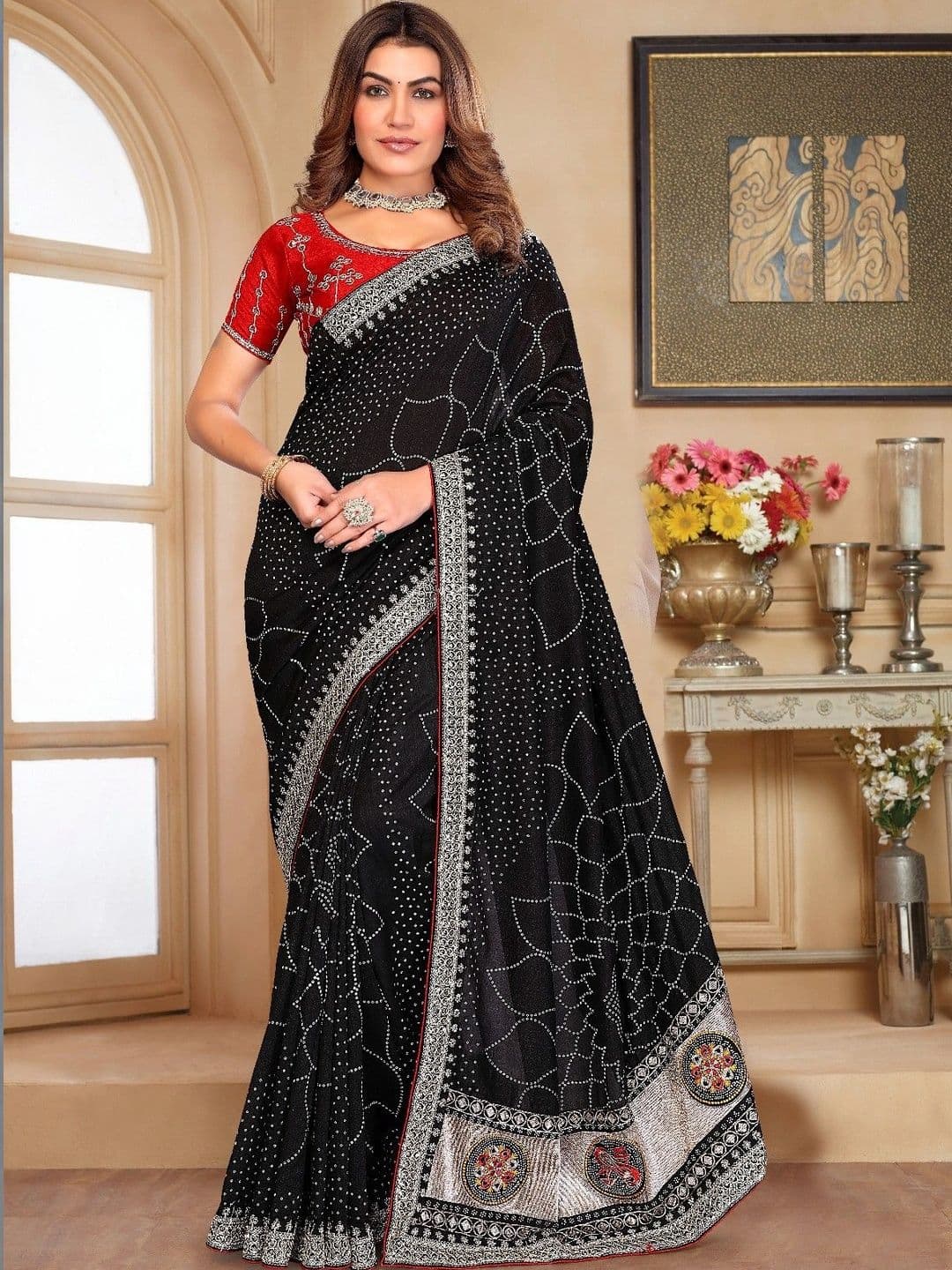 SmileyFashion Bandhani Embroidered Art Silk Designer Saree - view 1