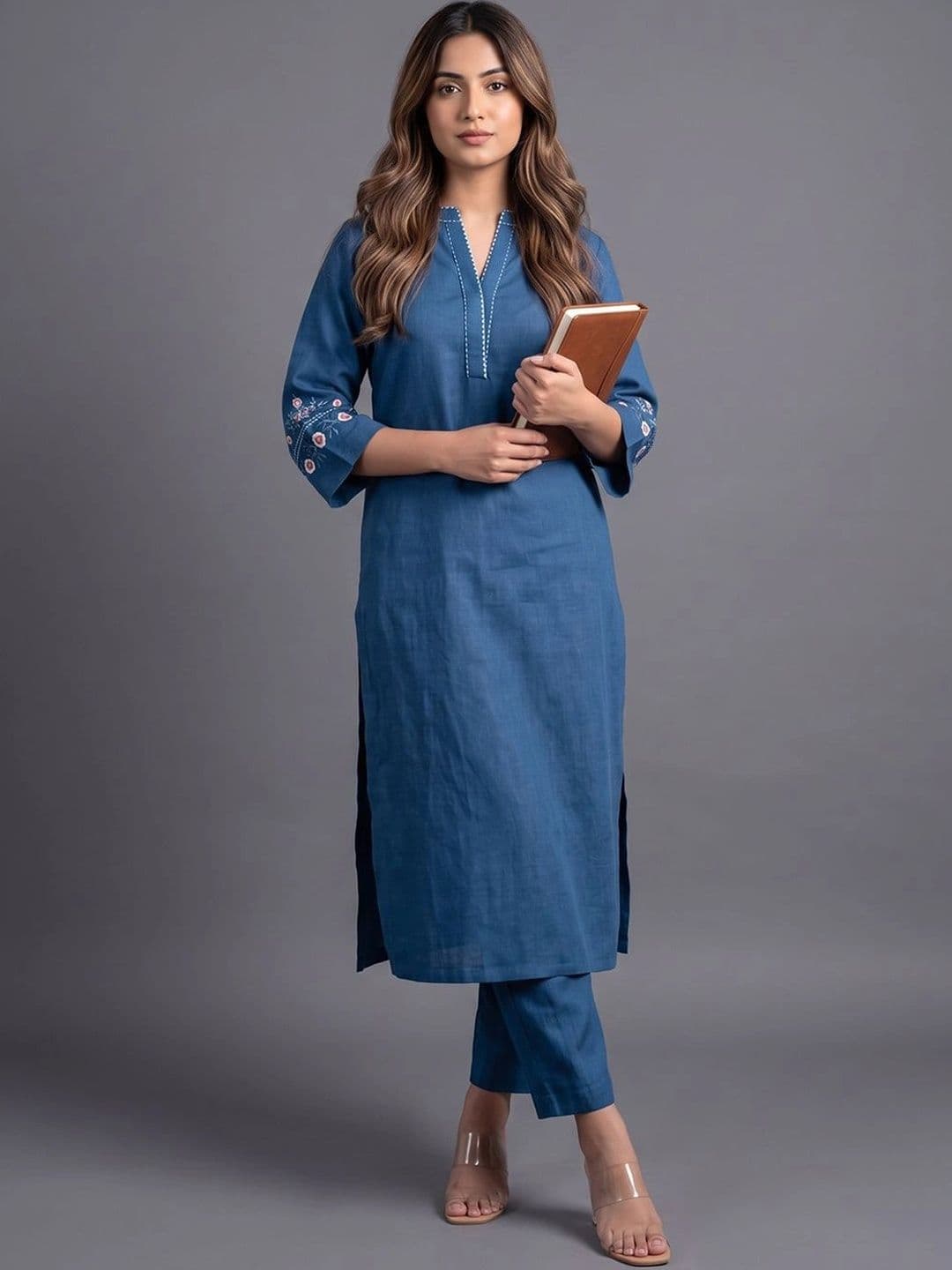 Navibhu Women Ethnic Motifs Embroidered Regular Thread Work Kurta with Trousers - view 1