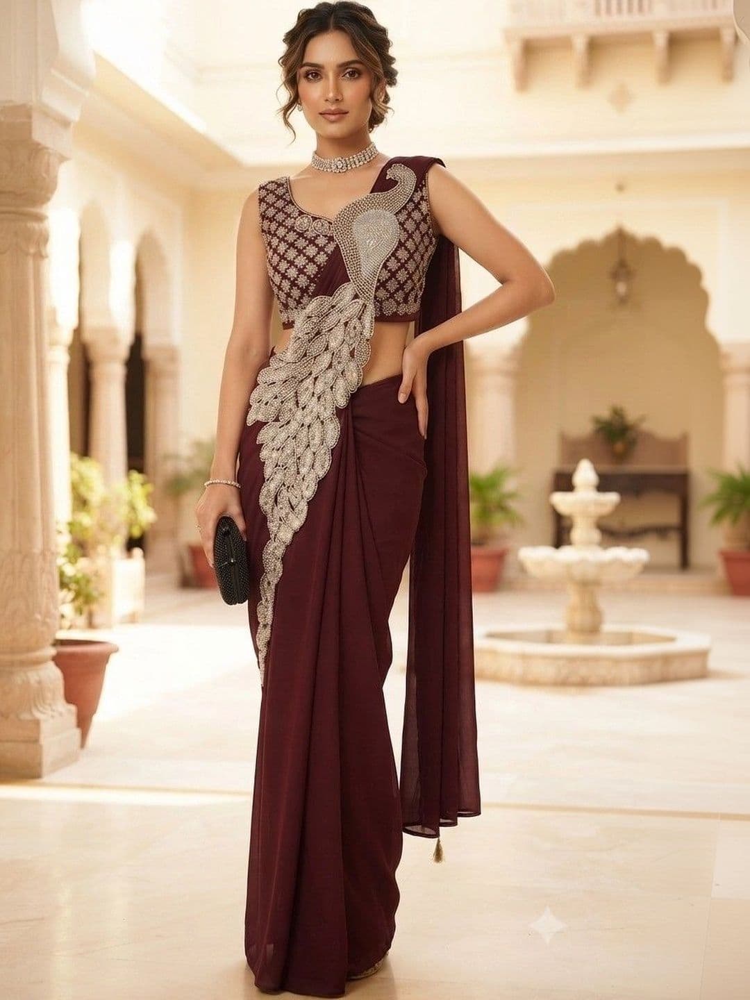SmileyFashion Embellished Embroidered Pure Georgette Designer Saree - view 1