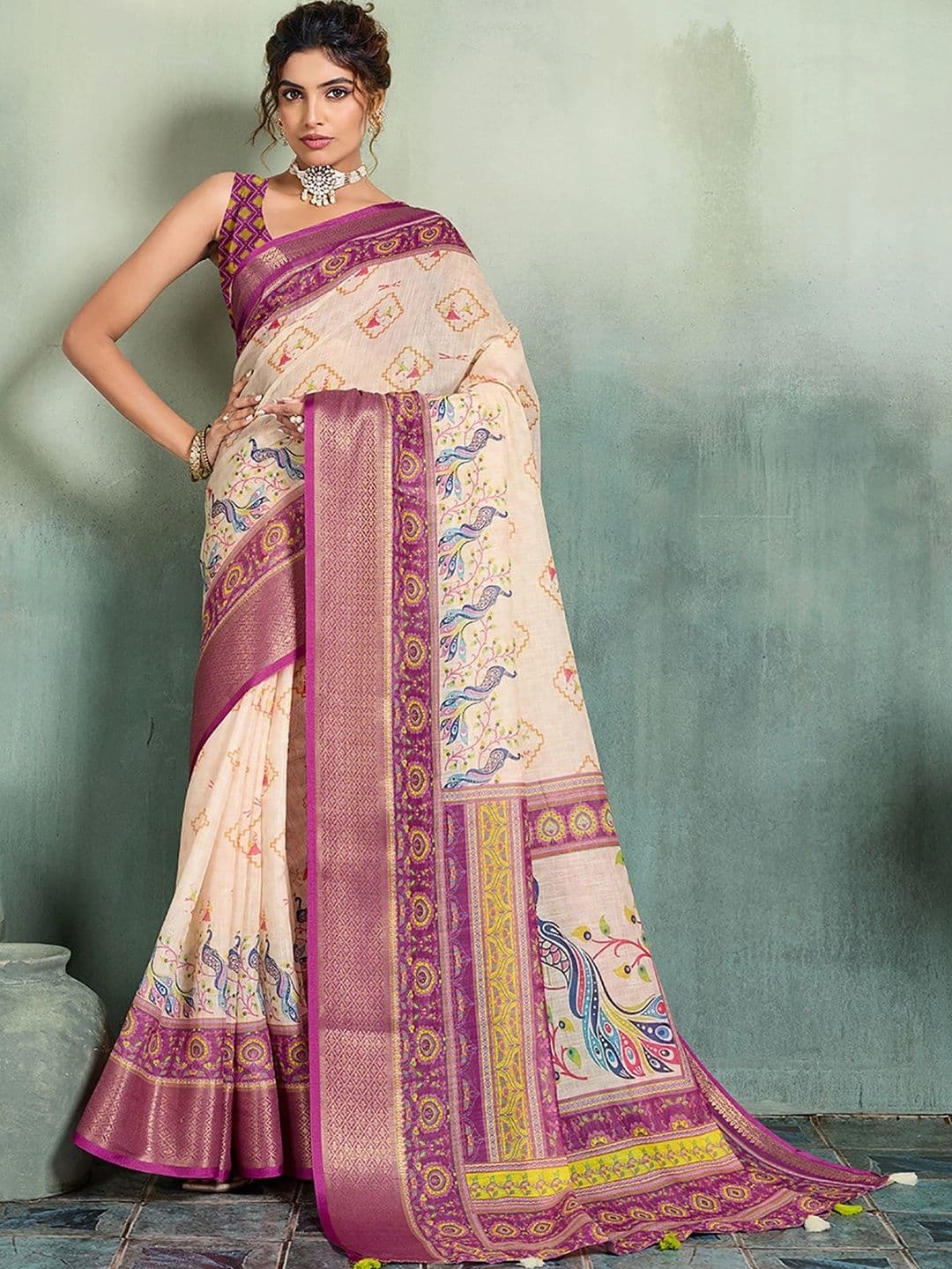 KALINI Zari Designer Block Print Saree - view 1