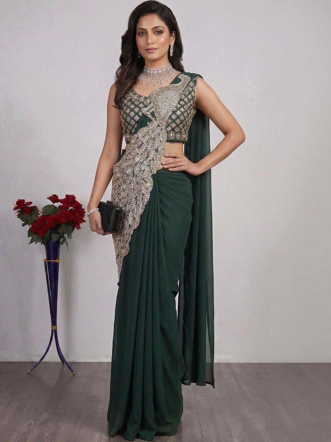 SmileyFashion Embellished Embroidered Pure Georgette Designer Saree - view 1