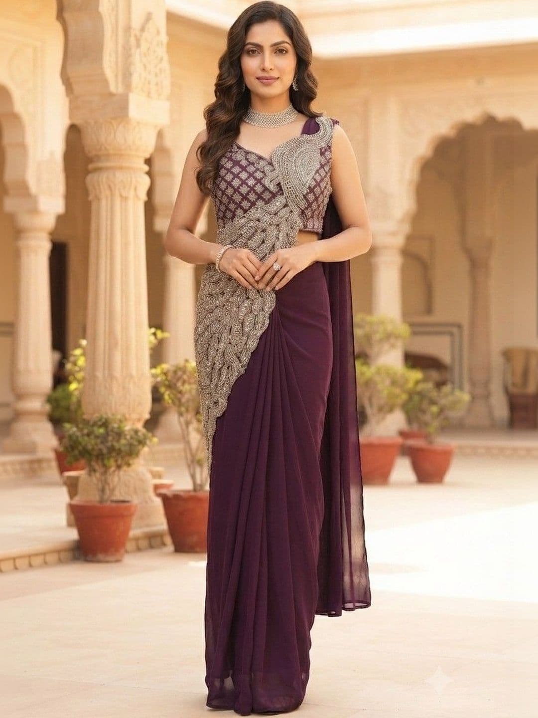 SmileyFashion Embellished Sequinned Pure Georgette Designer Saree - view 1