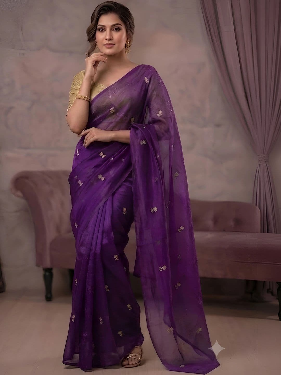 VRAGI Floral Zari Tissue Saree - view 1