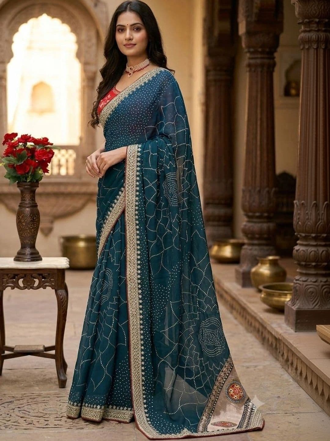 SmileyFashion Bandhani Embroidered Art Silk Designer Saree - view 1