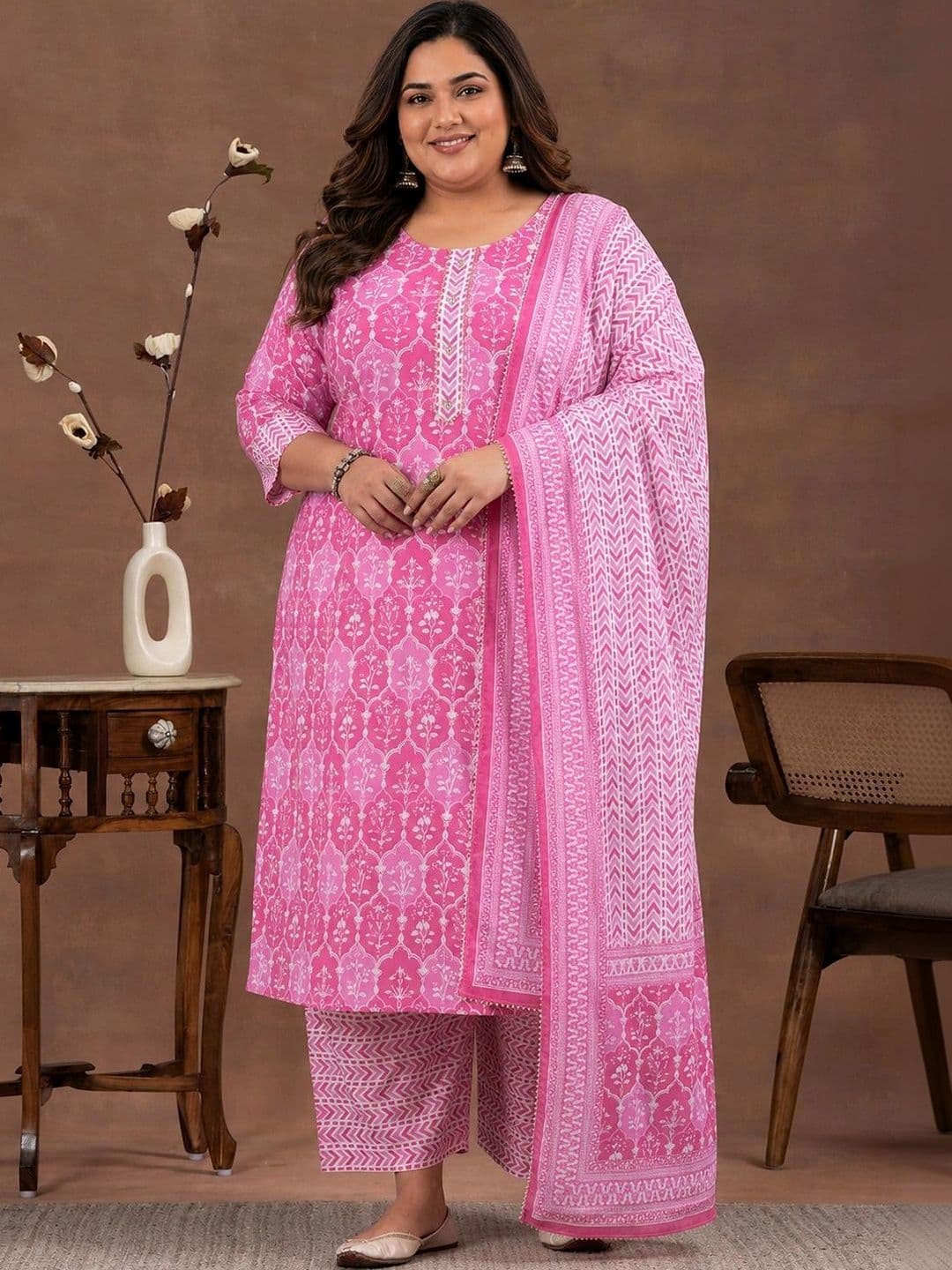 EXTRA LOVE BY LIBAS Women Ethnic Motifs Printed Regular Thread Work Kurta with Trousers & With Dupatta - view 1
