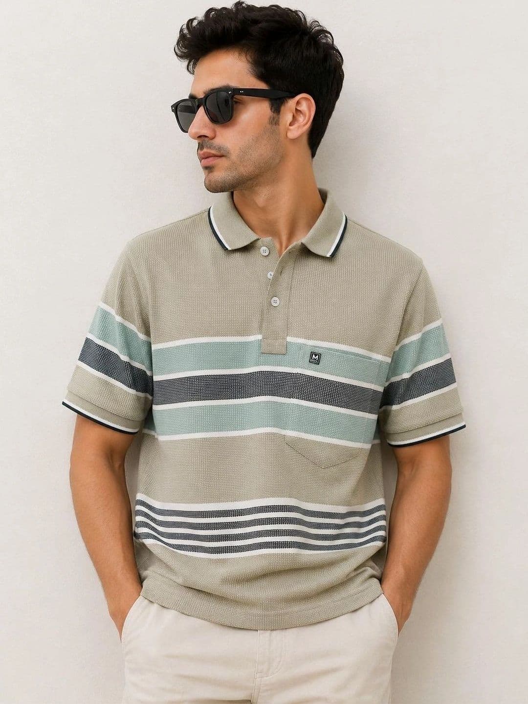 MNO Men Striped Polo Collar Pockets T-shirt - view 1