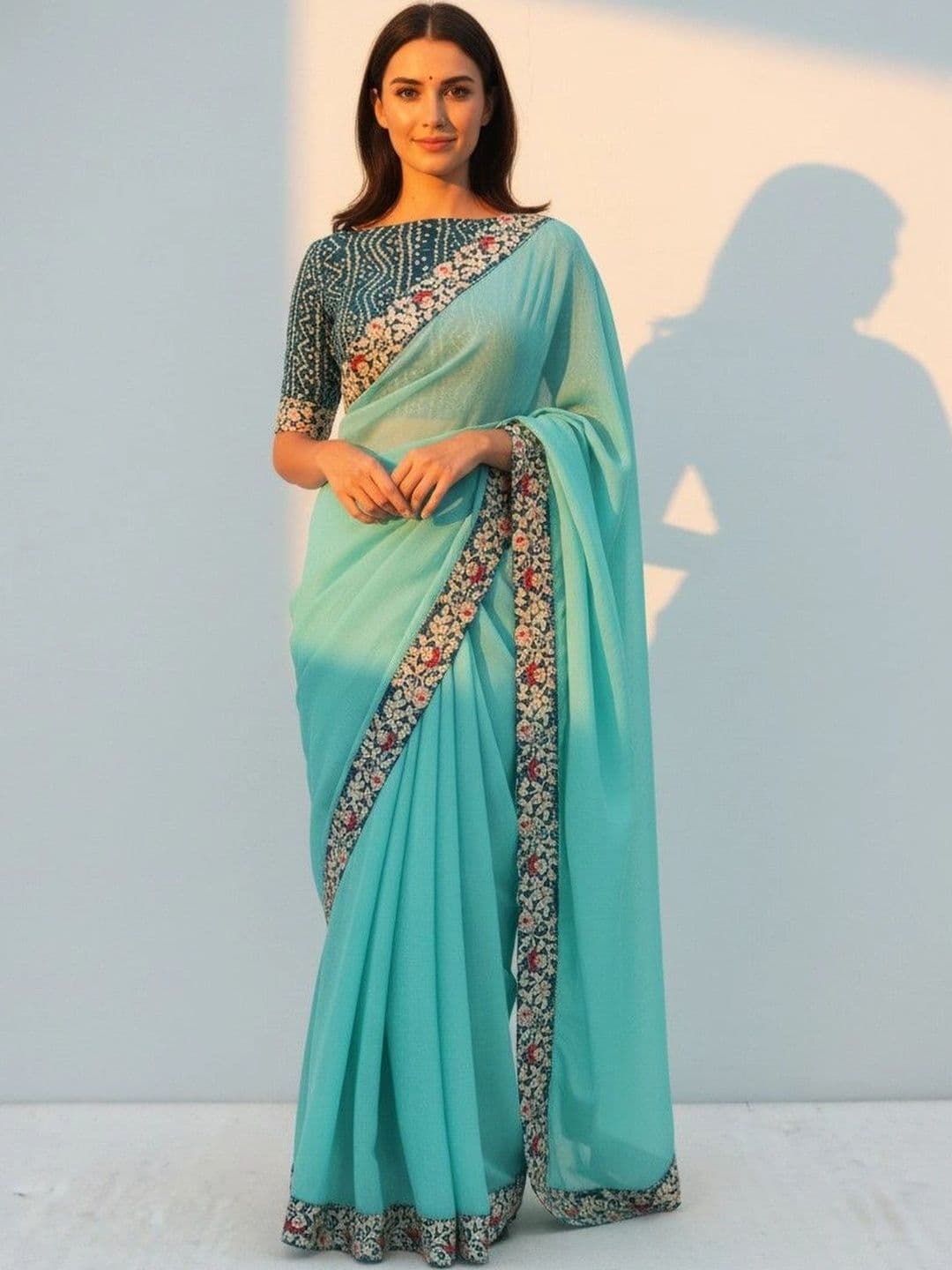 SmileyFashion Floral Poly Chiffon Designer Saree - view 1