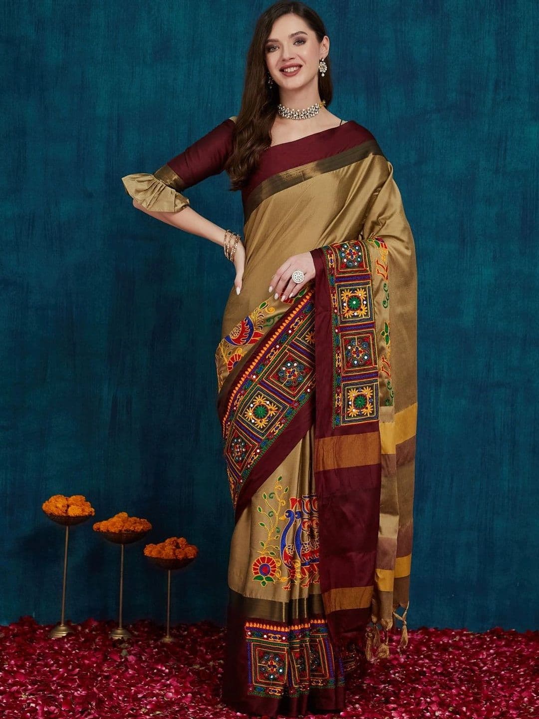 Sangria Mirror Work Silk Cotton Heavy Work Saree - view 1