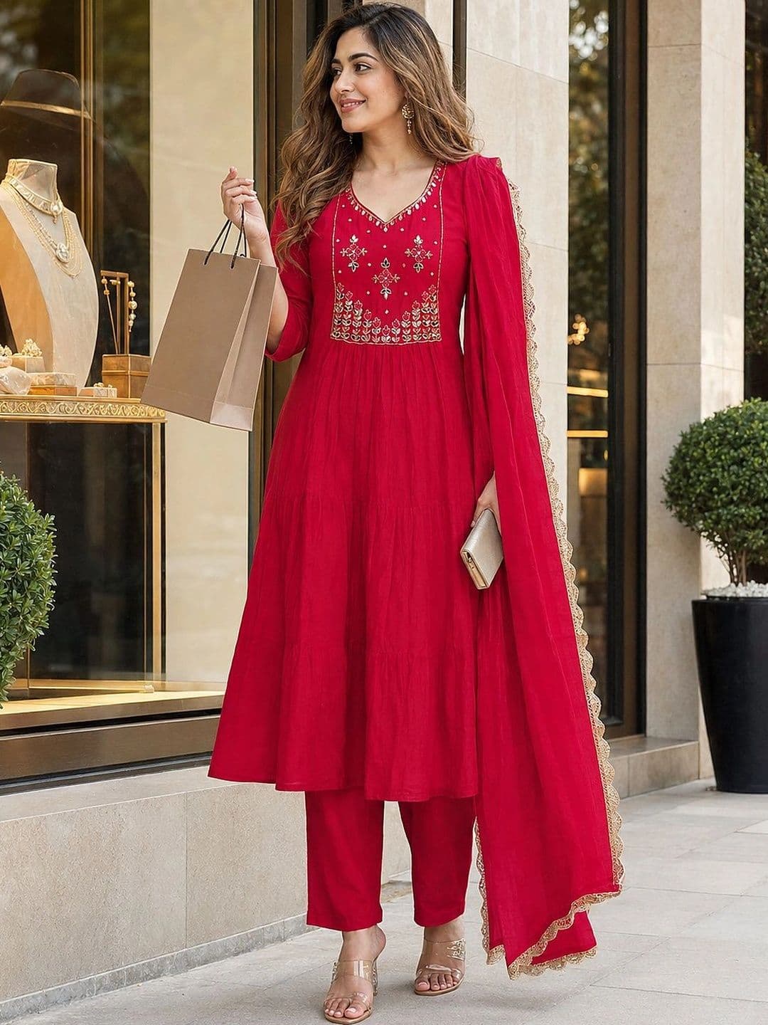 Berrylicious Women Ethnic Motifs Embroidered Work Chanderi Cotton Kurta with Trousers - view 1