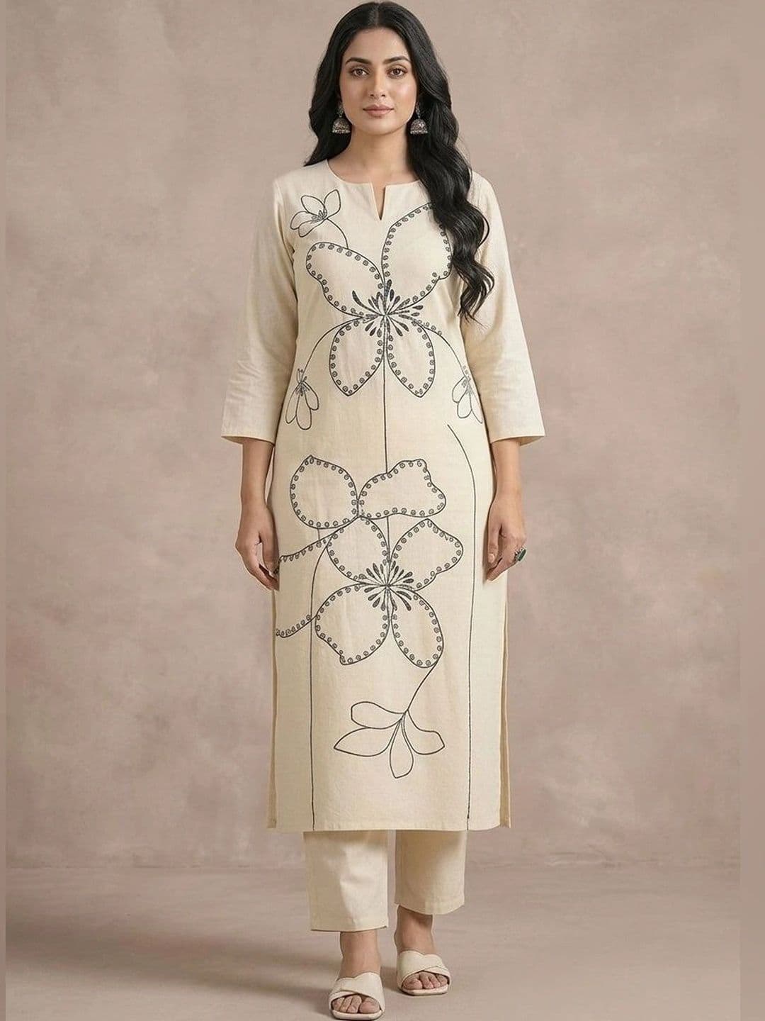 KALINI Women Floral Embroidered Regular Thread Work Kurta with Trousers - view 1