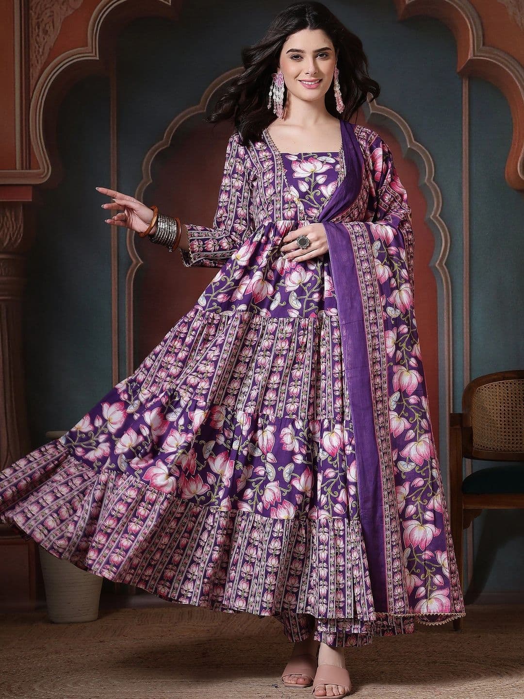 Sangria Women Floral Printed Tiered Pure Cotton Kurta with Trousers & With Dupatta - view 1