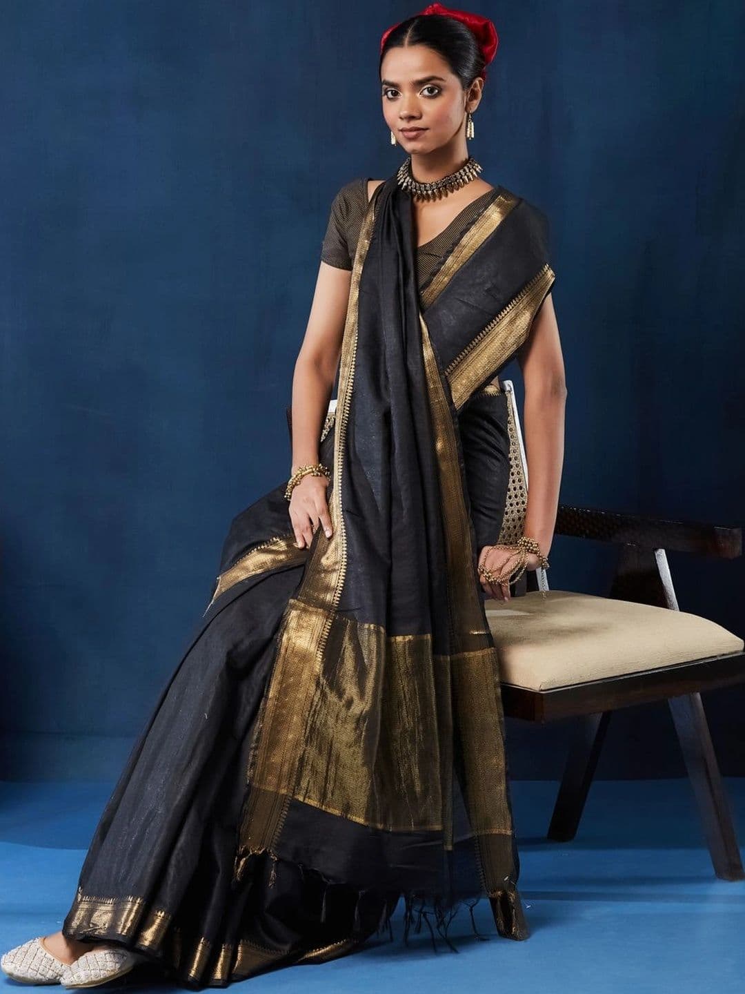 Taavi Woven Cotton Blend Zari Border Saree - view 1