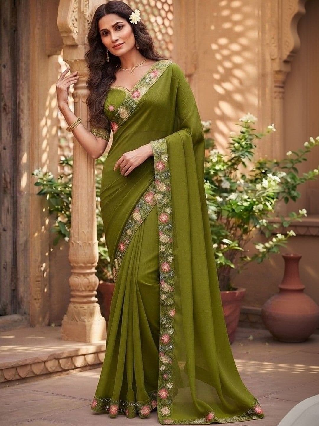 SmileyFashion Floral Art Silk Saree - view 1