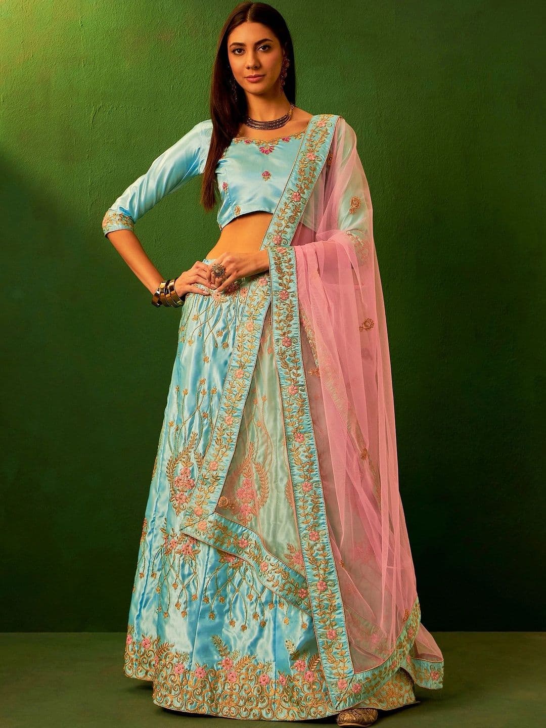 Mitera Embroidered Thread Work Semi-Stitched Lehenga & Unstitched Blouse With Dupatta - view 1