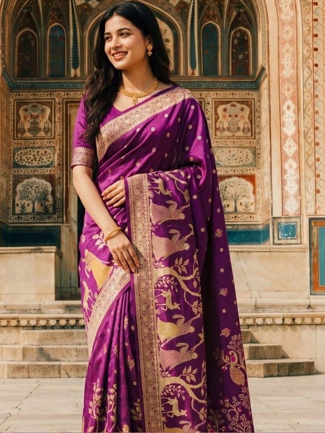 KALINI Floral Zari Silk Blend Banarasi Saree - view 1