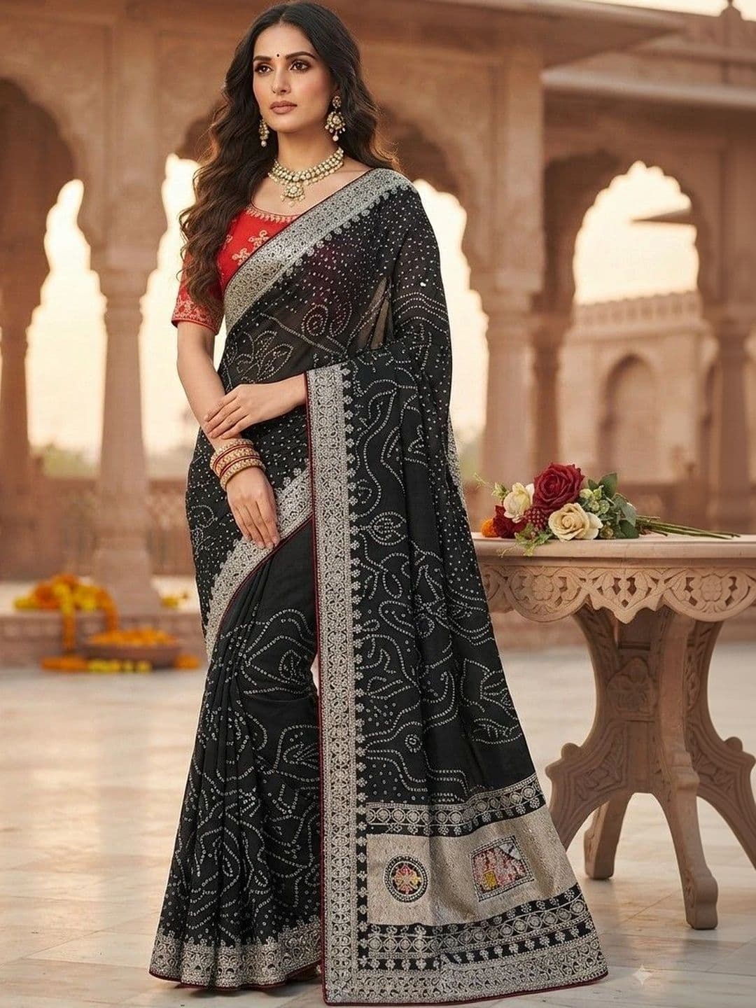 SmileyFashion Bandhani Embroidered Art Silk Designer Saree - view 1