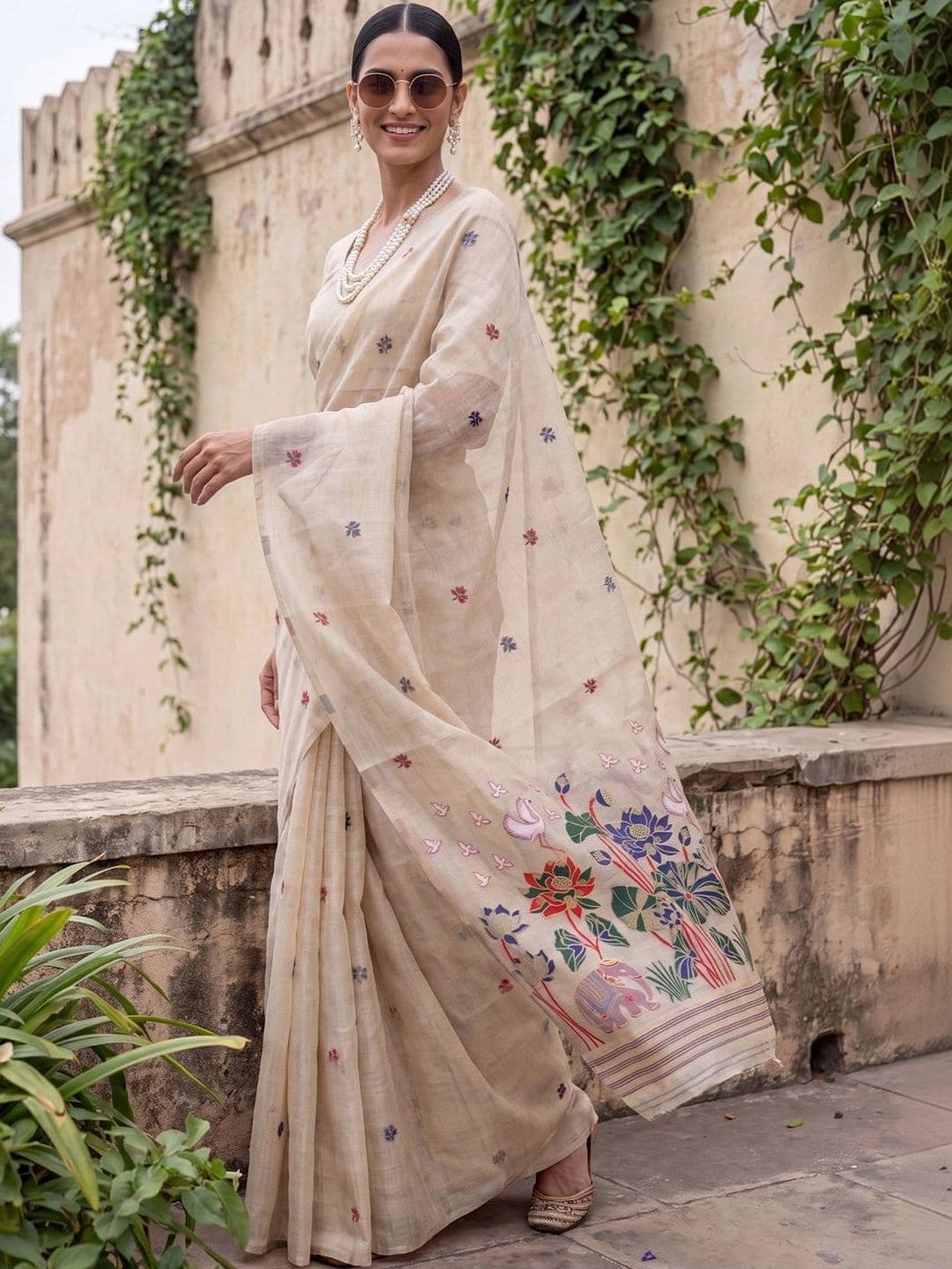 Mitera Kalamkari Embroidered Designer Jamdani Saree - view 1