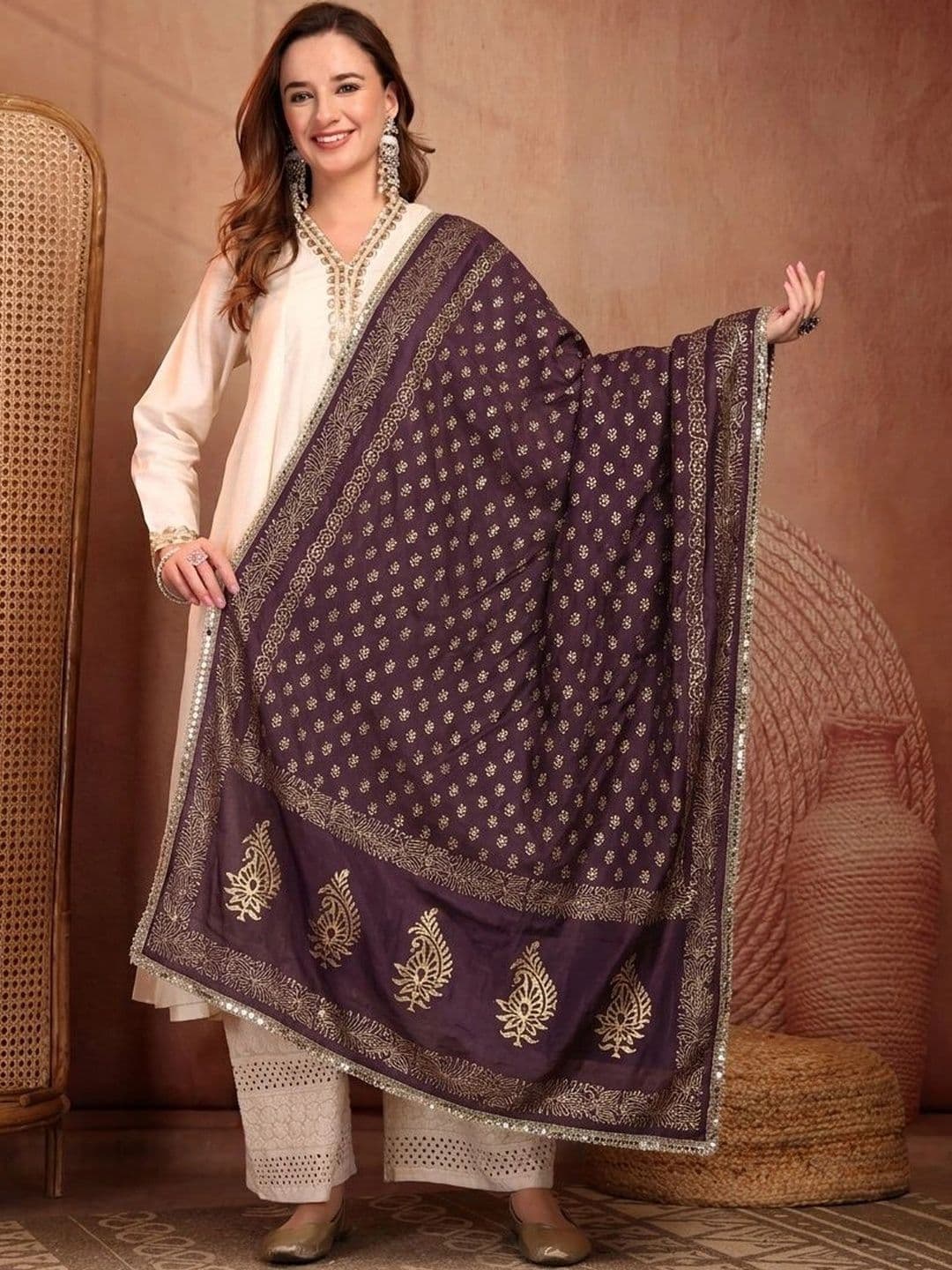 Clora Creation Ethnic Motifs Printed Foil Print Dupatta with Mirror Work - view 1