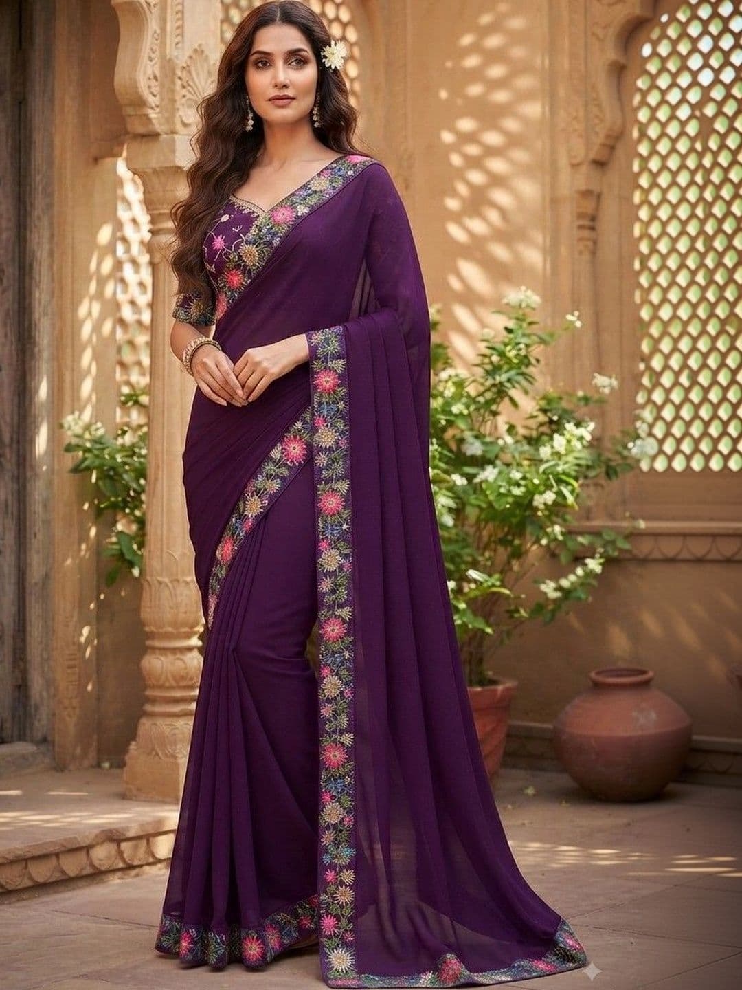 SmileyFashion Floral Embroidered Art Silk Saree - view 1