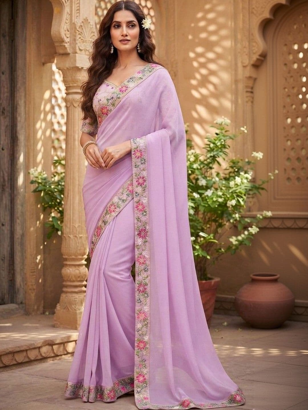 SmileyFashion Floral Embroidered Art Silk Saree - view 1