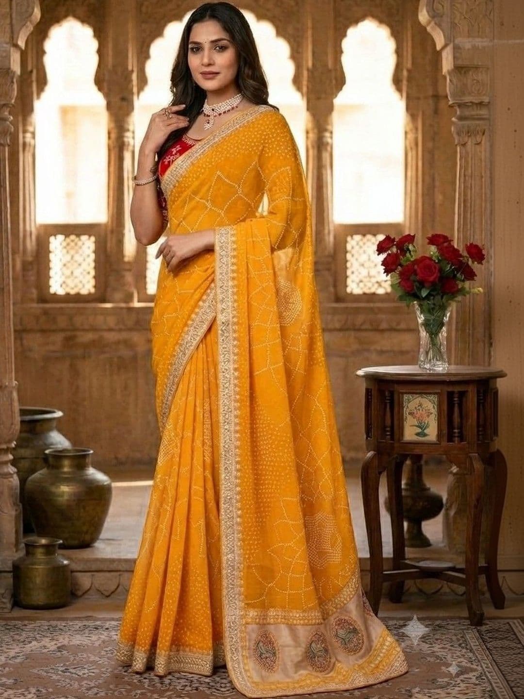 SmileyFashion Bandhani Embroidered Art Silk Designer Saree - view 1