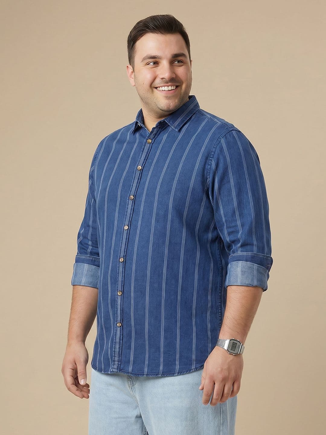 Sztori Plus Size Striped Pure Cotton Casual Shirt - view 1