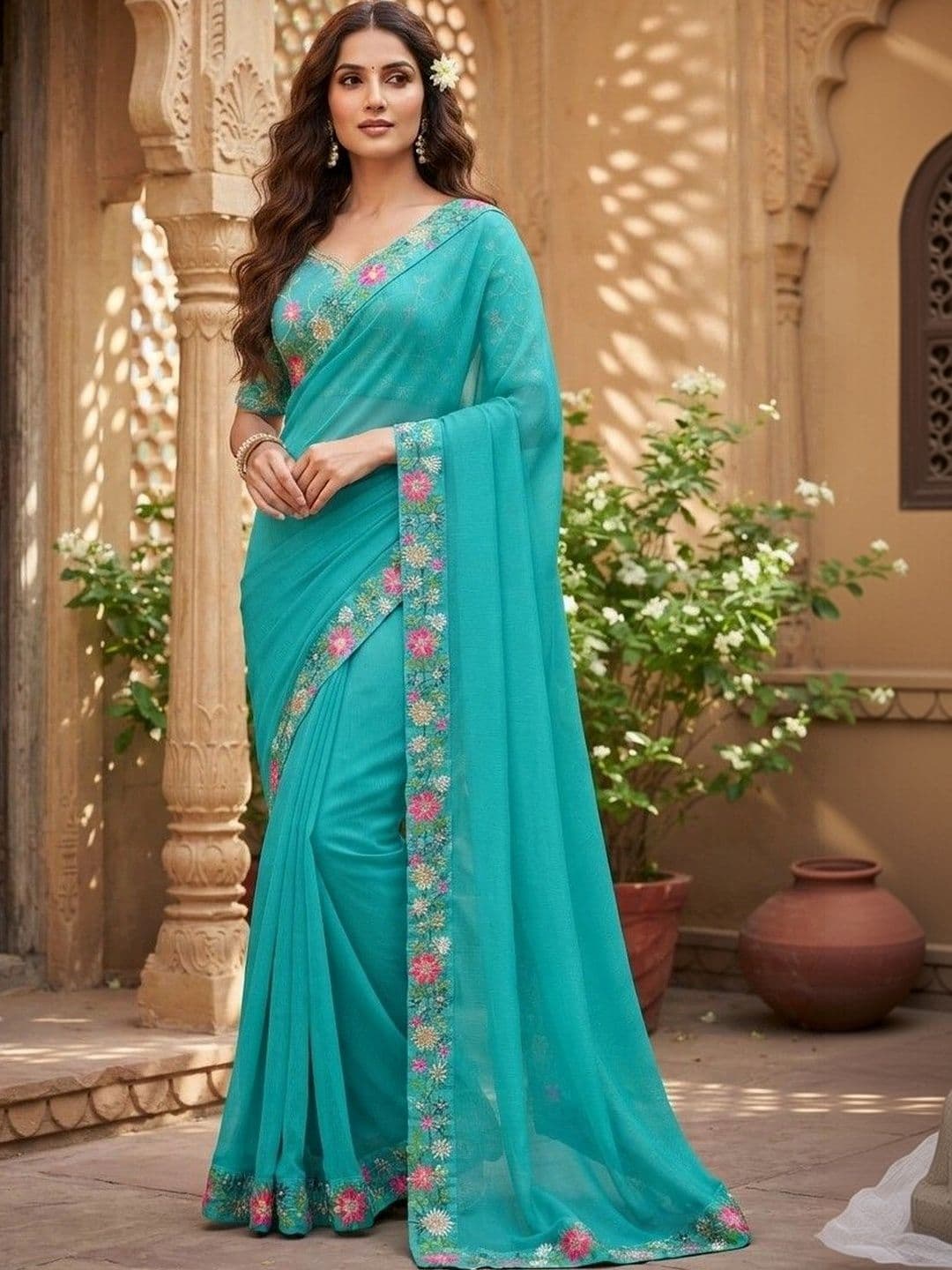 SmileyFashion Floral Embroidered Art Silk Saree - view 1