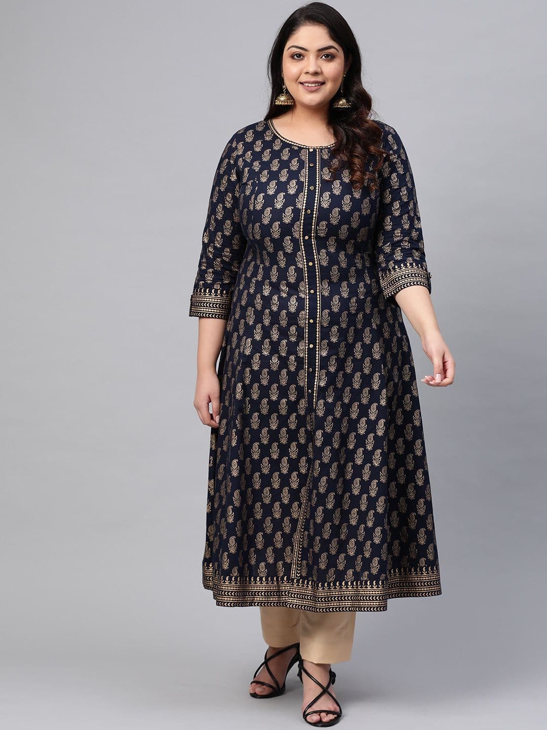 KALINI Round Neck Ethnic Motifs Printed Cotton A-Line Kurta - view 1