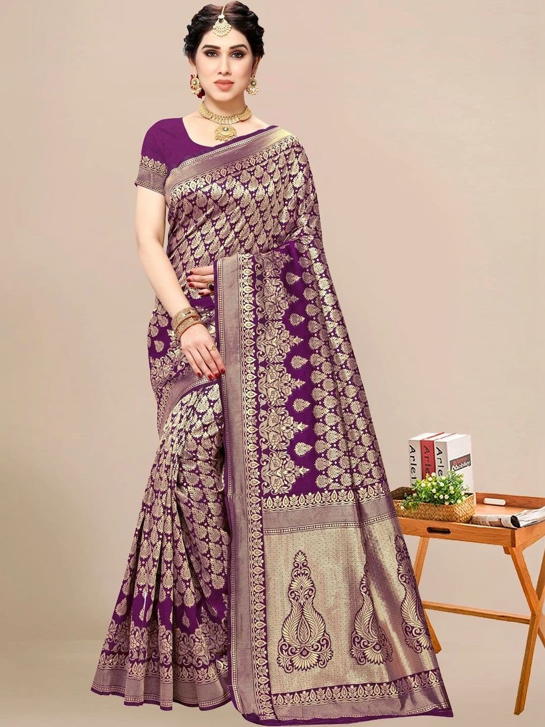 Sangria Woven Design Zari Silk Blend Designer Banarasi Saree - view 1