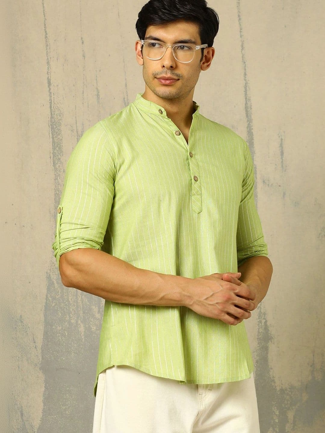Anouk Woven Design Solid Cotton Handloom Mandarin Collar Short Kurta - view 1