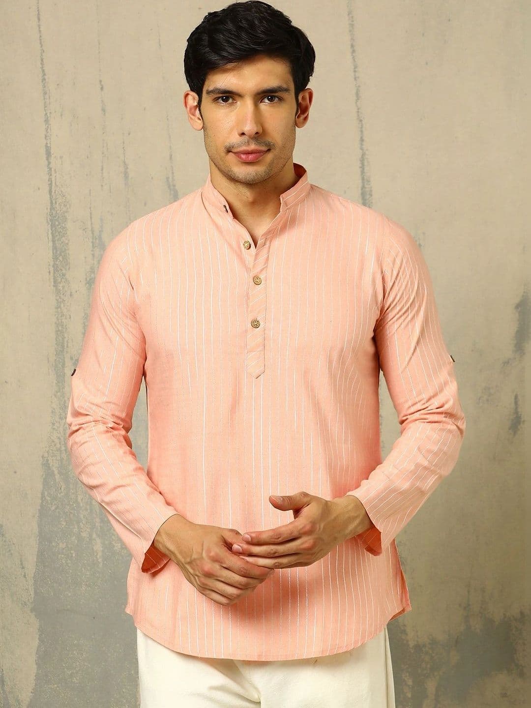 Anouk Woven Design Solid Cotton Handloom Mandarin Collar Short Kurta - view 1