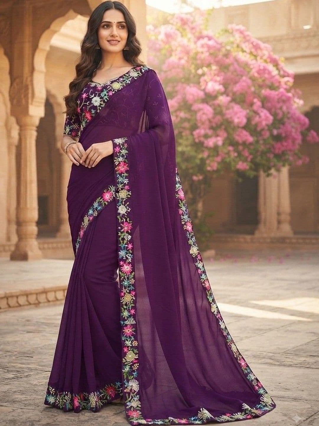 SmileyFashion Floral Embroidered Art Silk Saree - view 1