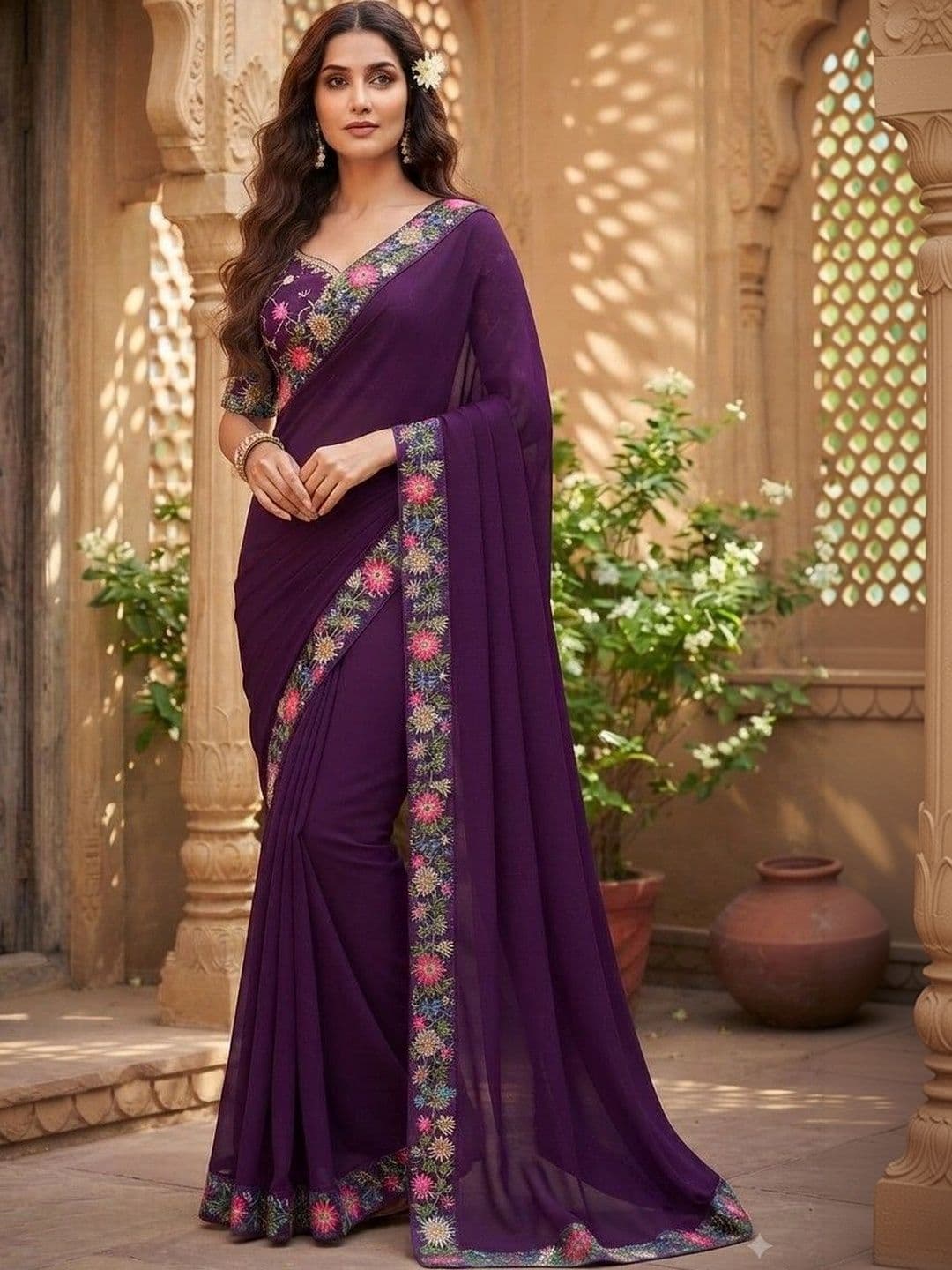SmileyFashion Floral Embroidered Art Silk Saree - view 1