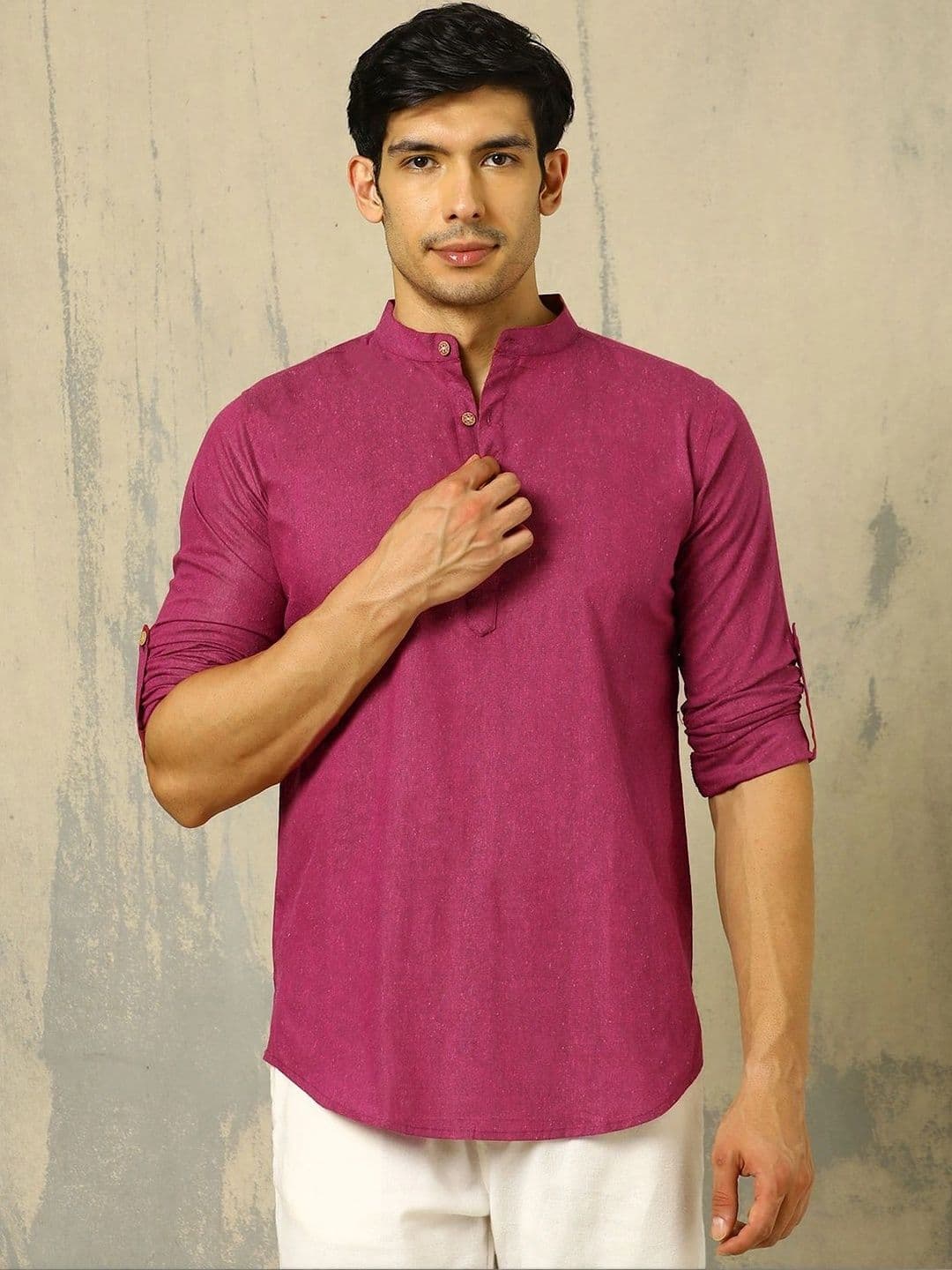 Anouk Woven Design Solid Cotton Handloom Mandarin Collar Short Kurta - view 1