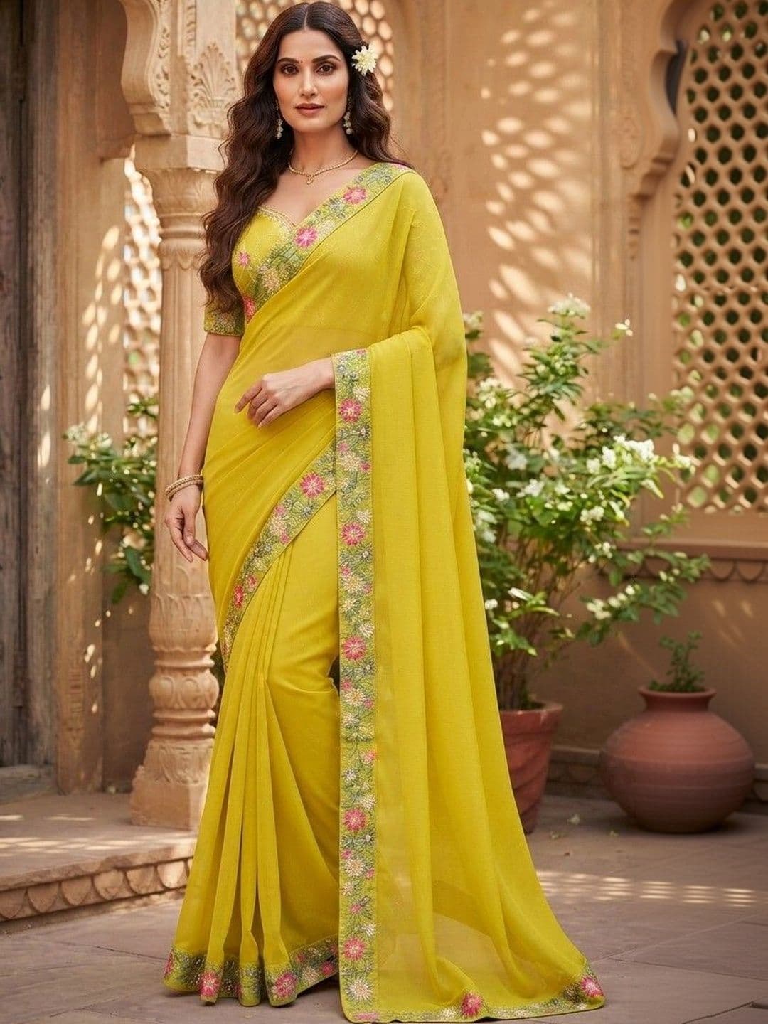 SmileyFashion Floral Embroidered Art Silk Saree - view 1
