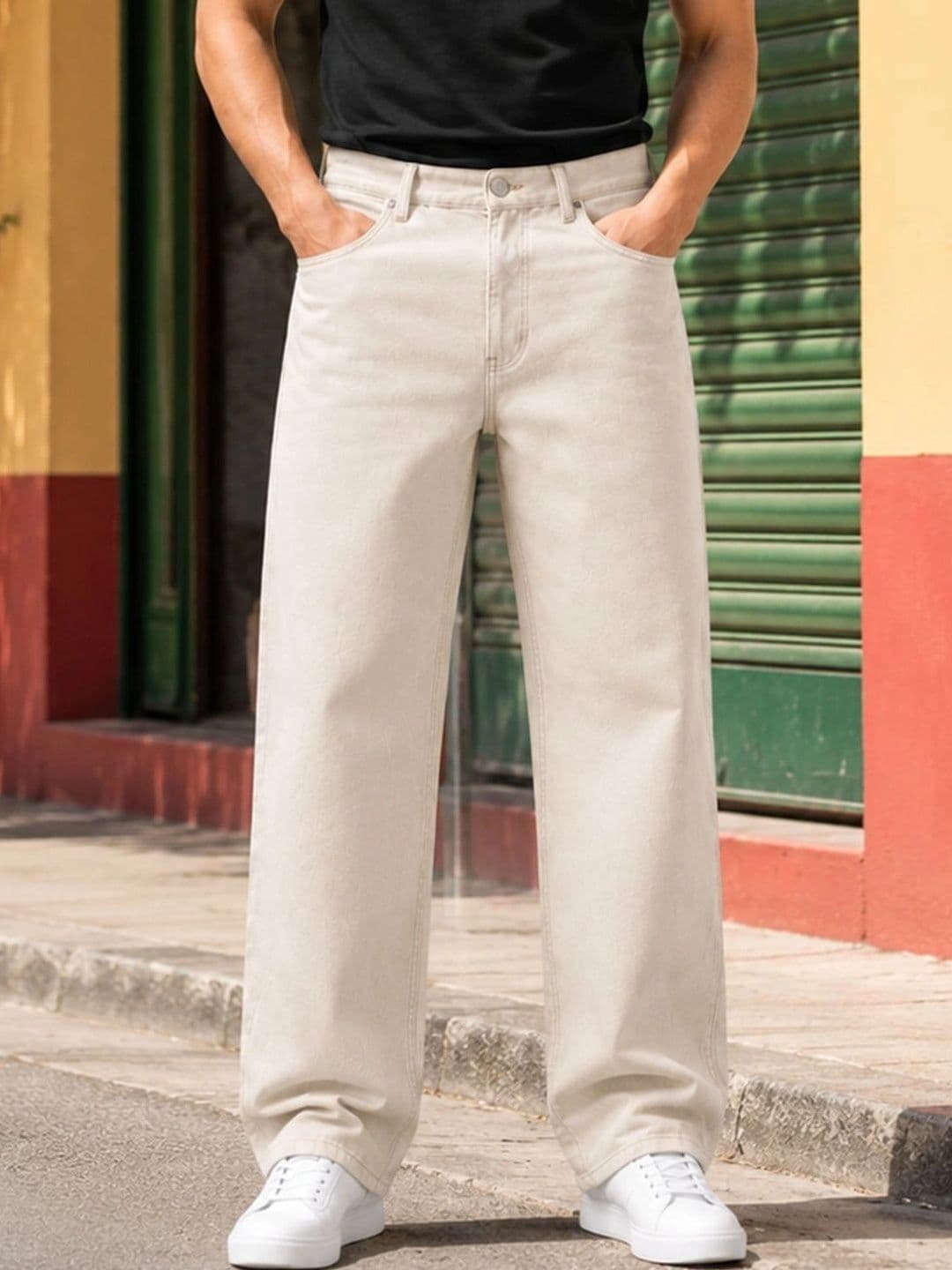 HERE&NOW Men's Beige Wash Mid-Rise Wide-Leg Denim Jeans - view 1