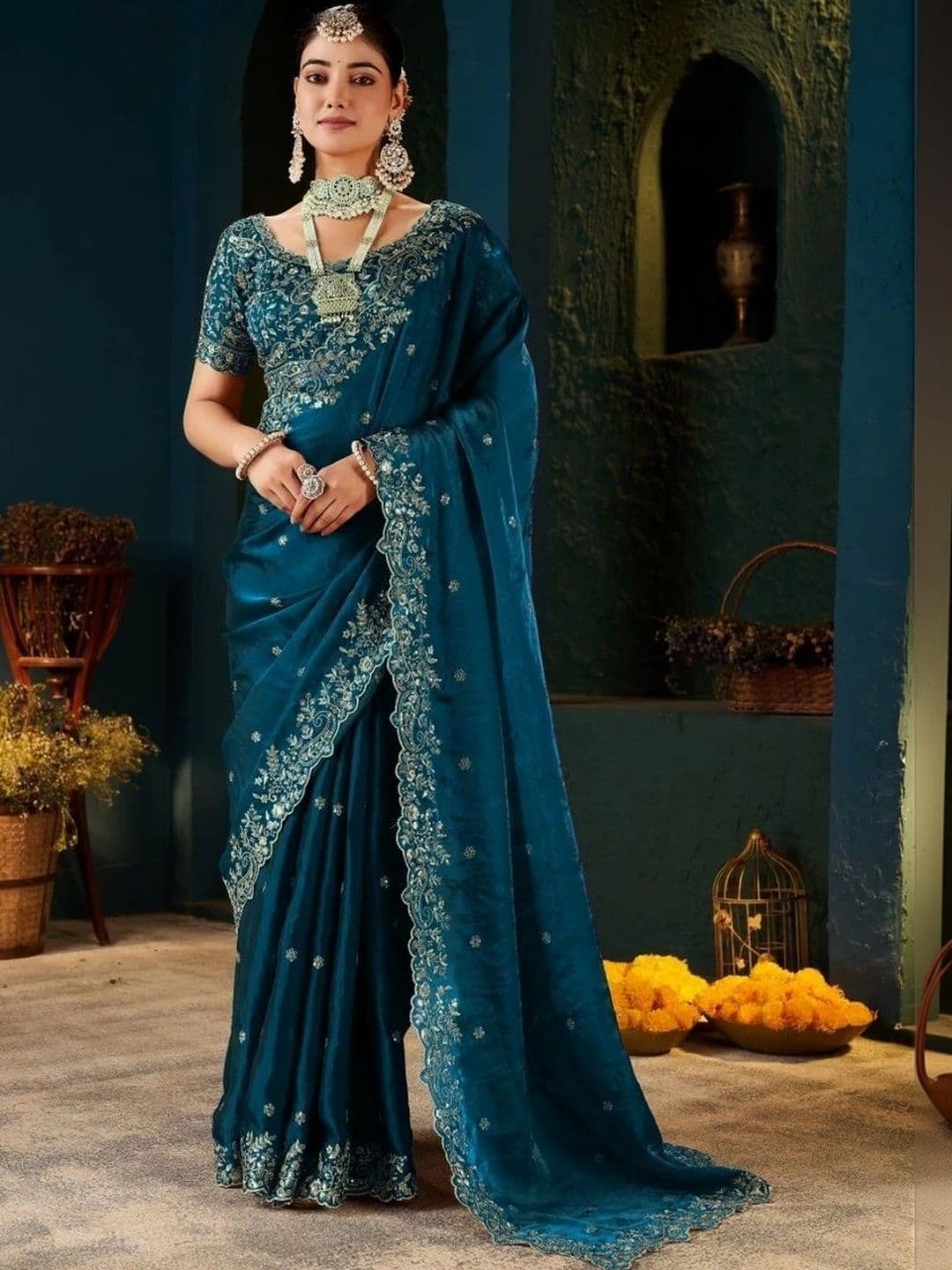 kantuba Floral Embroidered Satin Banarasi Saree - view 1