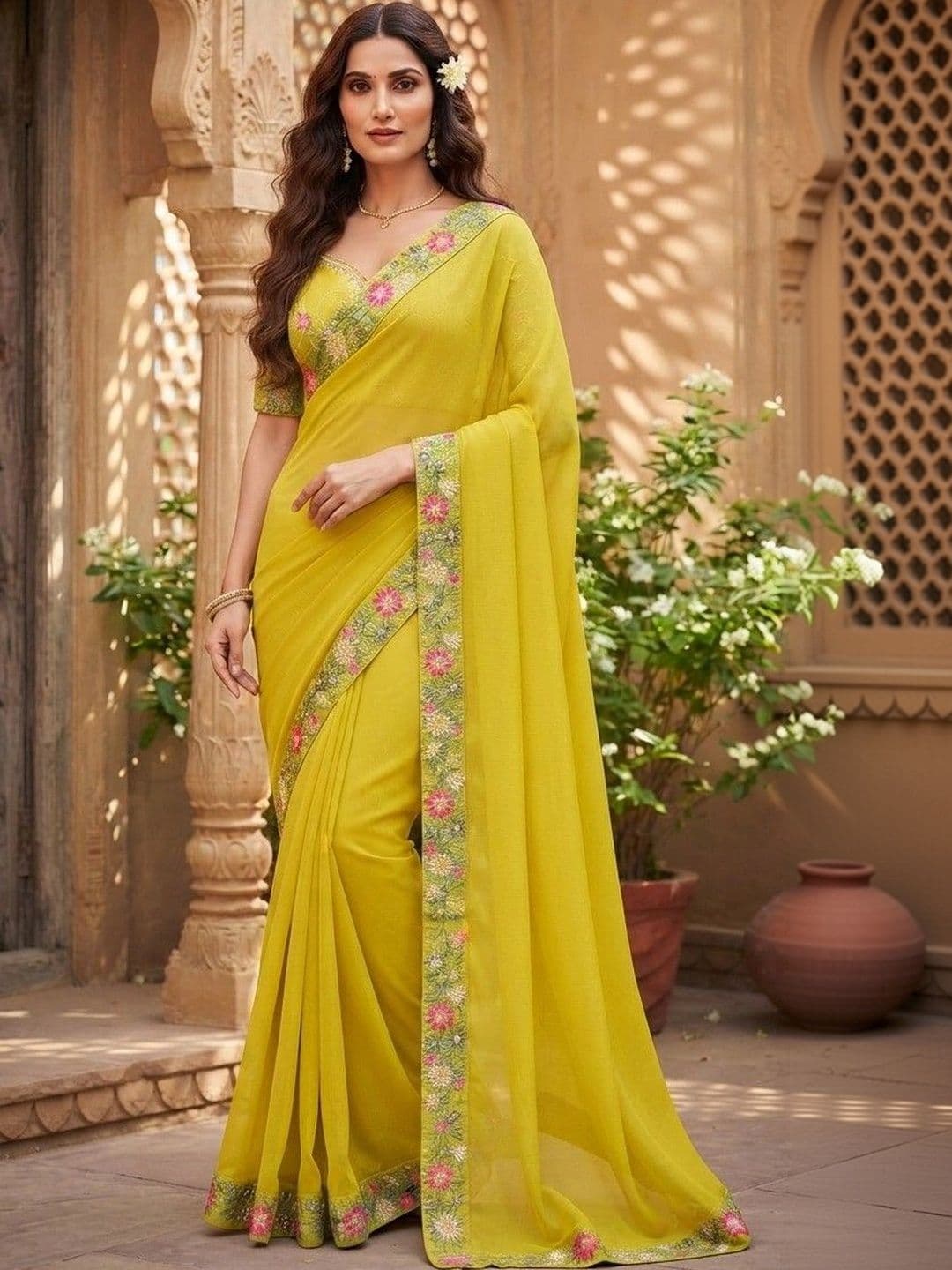 SmileyFashion Floral Embroidered Art Silk Saree - view 1