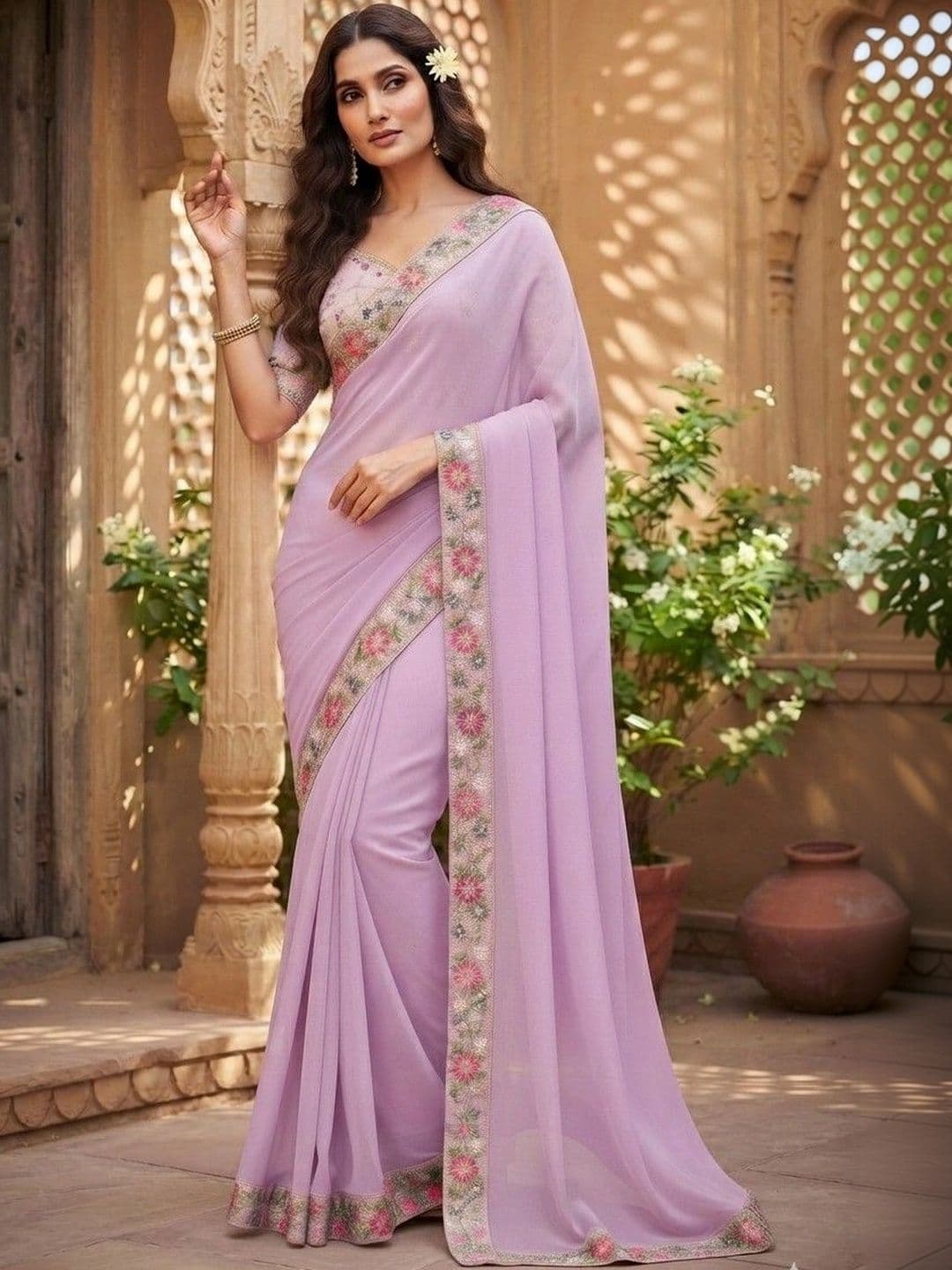 SmileyFashion Floral Embroidered Art Silk Saree - view 1